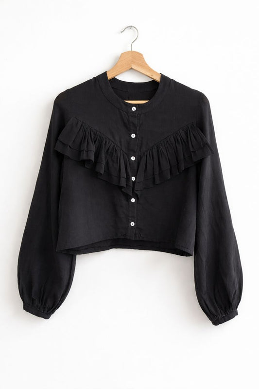 Black Crew Neck Long Sleeve Ruffle Blouse