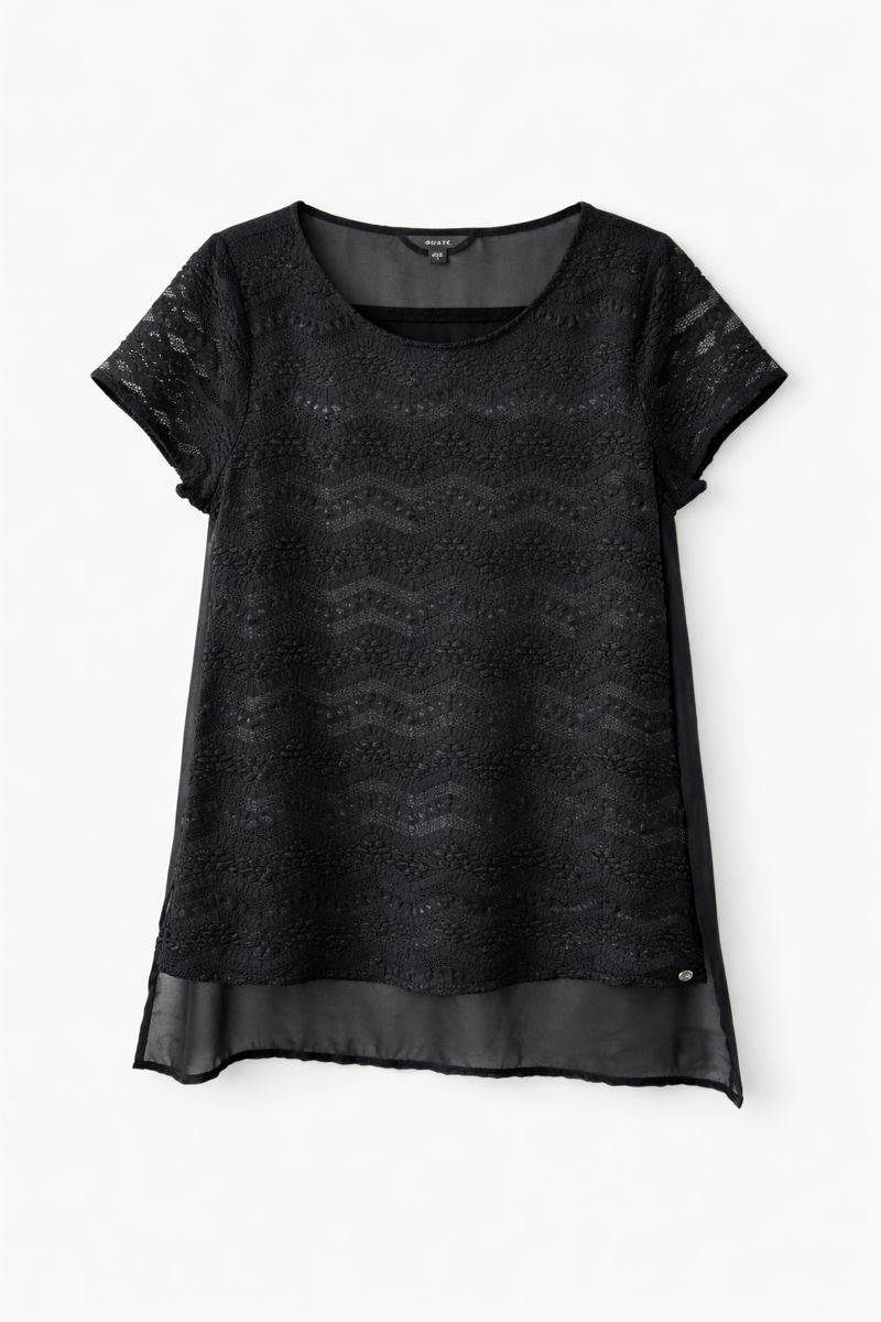 Black Semi Sheer Lace Detail Tee