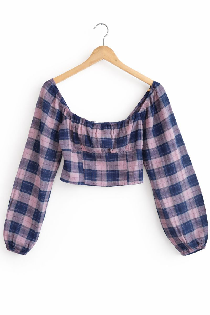 Pink & Navy Plaid Off-Shoulder Crop Top