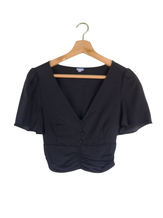Black Ruched V-Neck Flutter Sleeve Crop Top