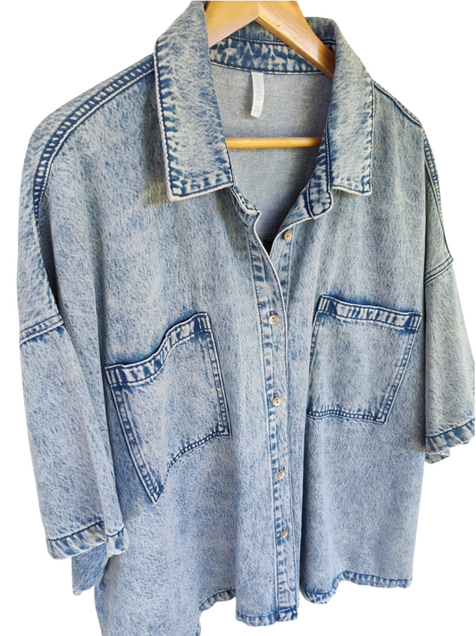 Light blue acid-wash denim shirt