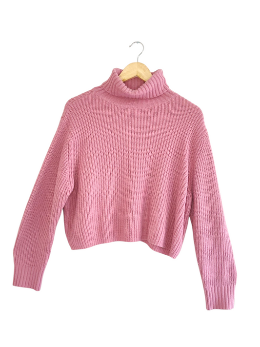 Cropped Pink Ribbed Turtleneck Knit