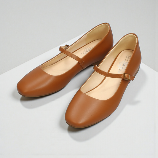Tan Mary Jane–style flats
