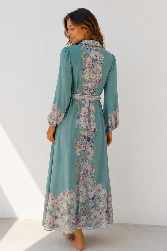 Portmans Turquoise Floral Belted Maxi Shirt Dress