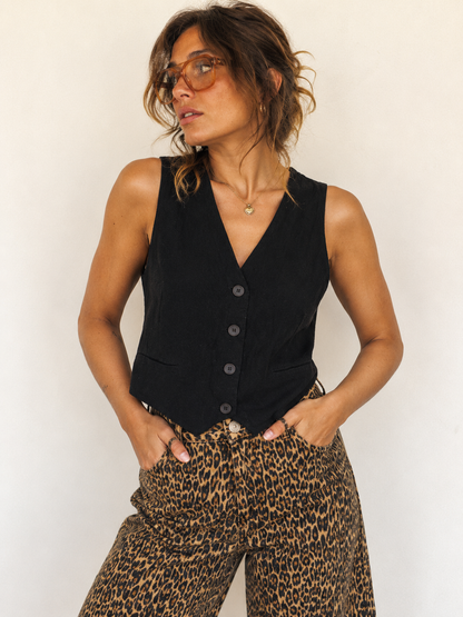 Black tailored button-front vest