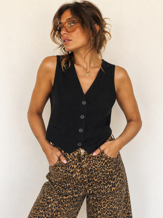 Black tailored button-front vest