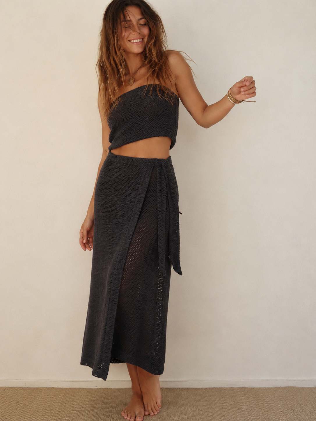 Black crochet wrap maxi skirt.