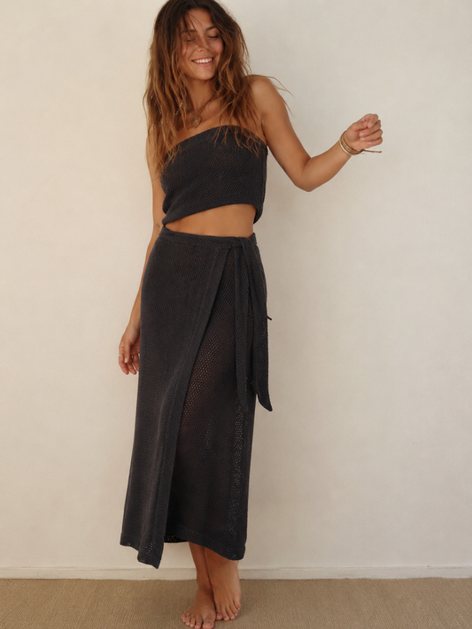 Black crochet wrap maxi skirt.