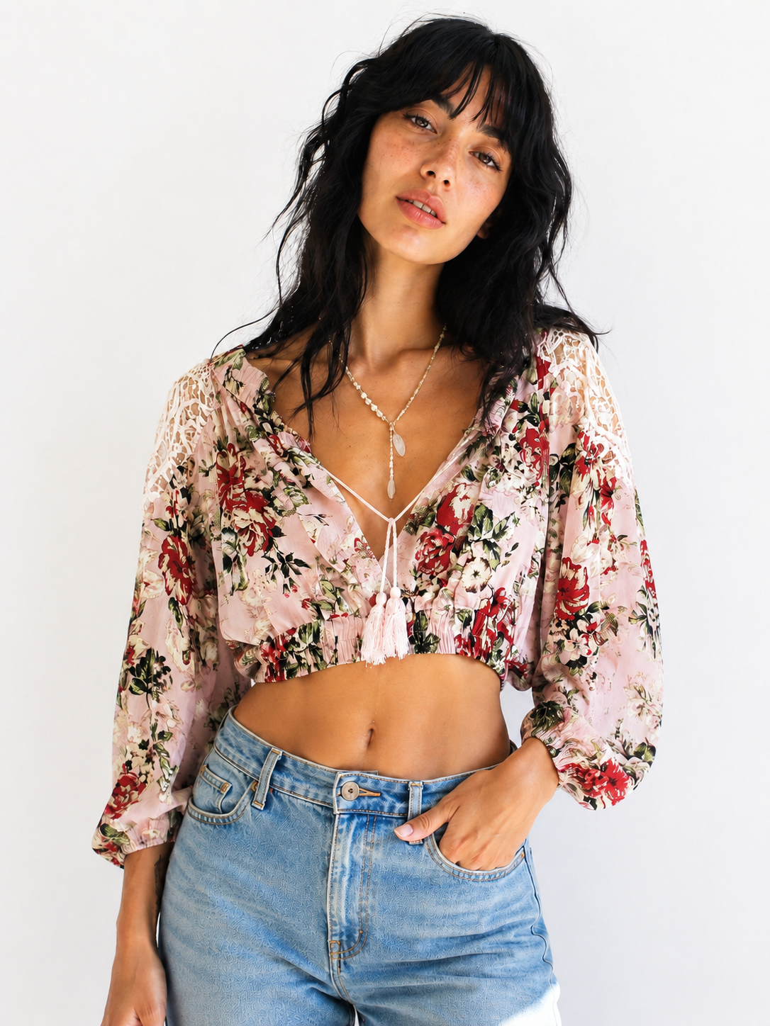 Blush pink floral cropped blouse