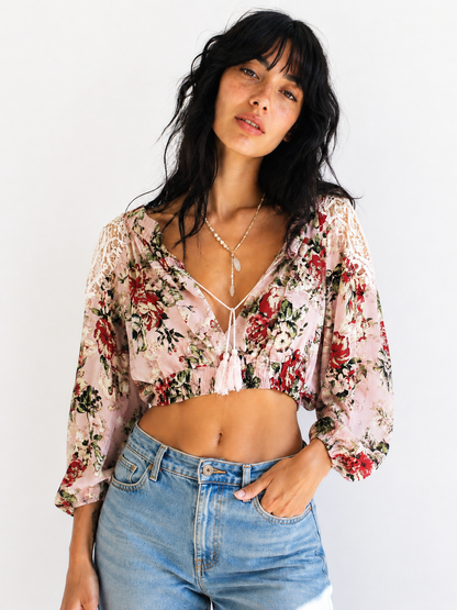 Blush pink floral cropped blouse