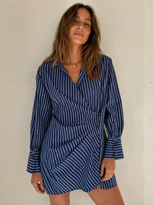 Navy and white striped wrap-style mini dress