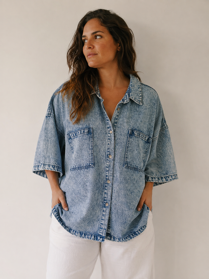 Light blue acid-wash denim shirt