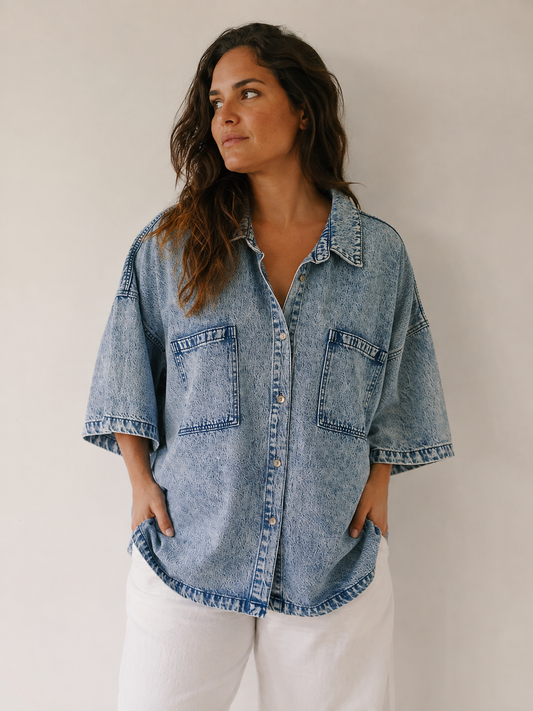 Light blue acid-wash denim shirt