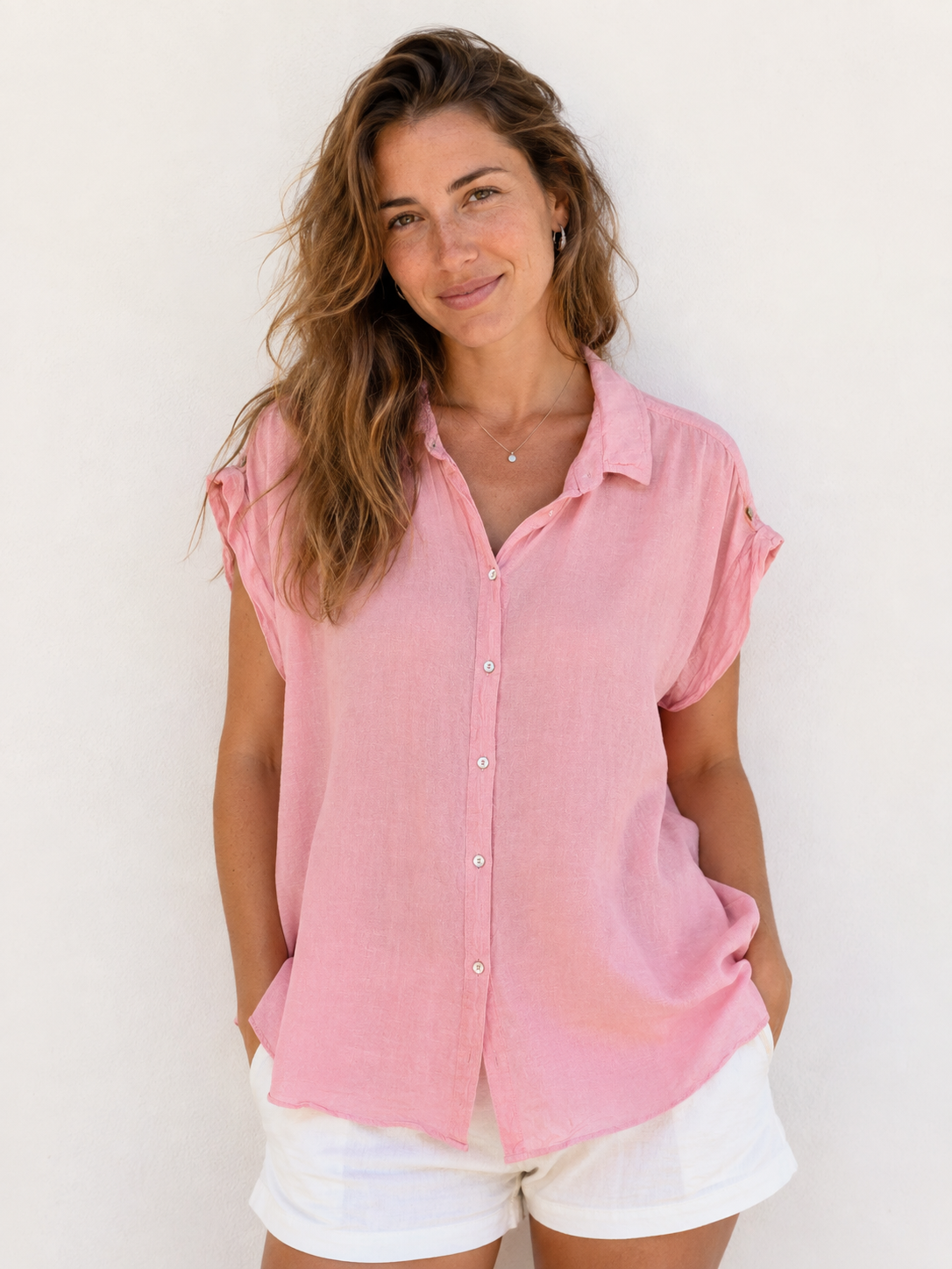 Dusty pink linen-blend button-up shirt