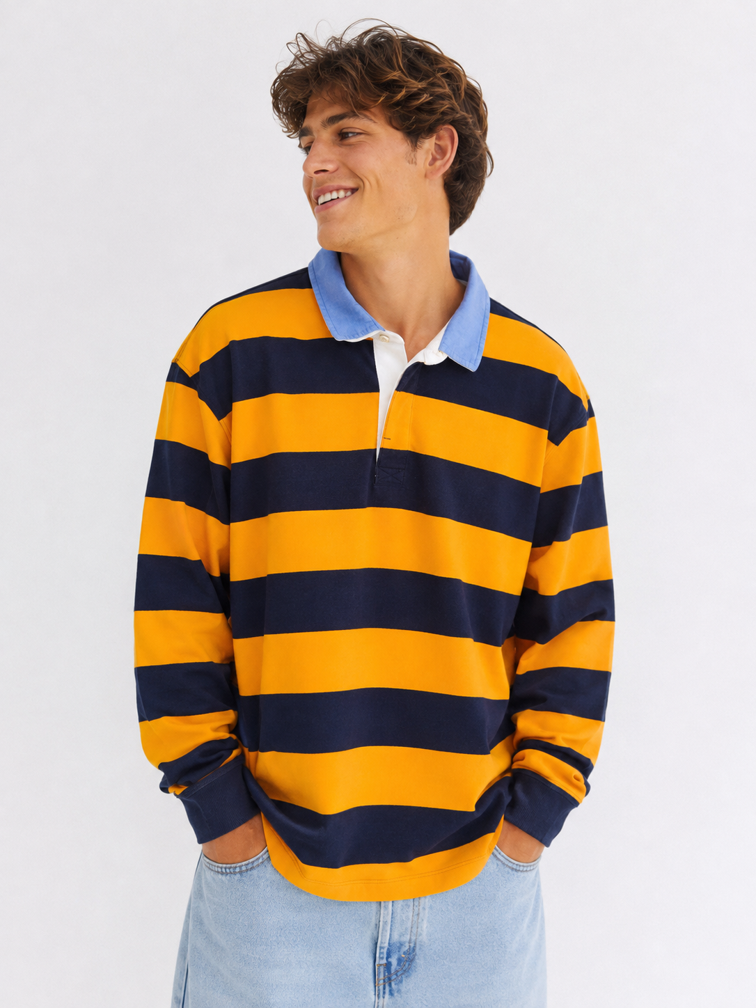 Mustard & Navy Striped Long Sleeve Rugby Polo