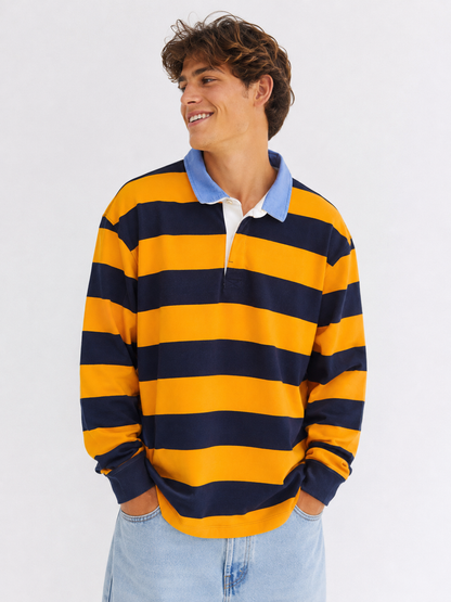 Mustard & Navy Striped Long Sleeve Rugby Polo