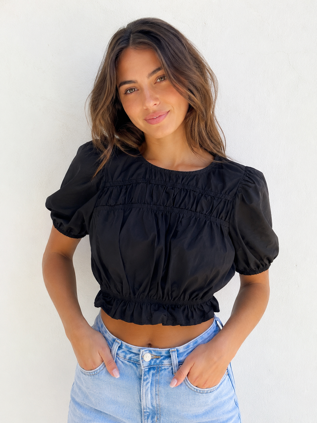 Black Puff Sleeve Ruched Crop Top