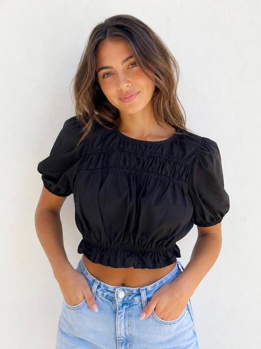 Black Puff Sleeve Ruched Crop Top