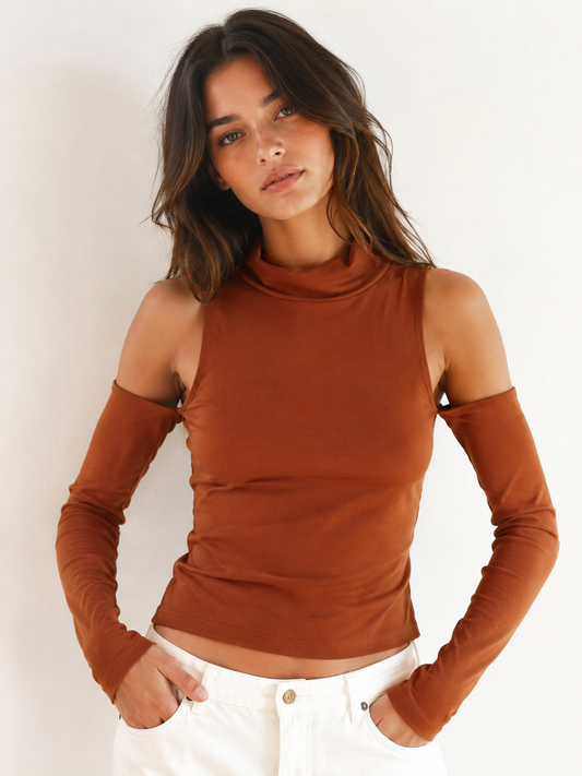 Dazie Rust Cut-Out Sleeve High Neck Top