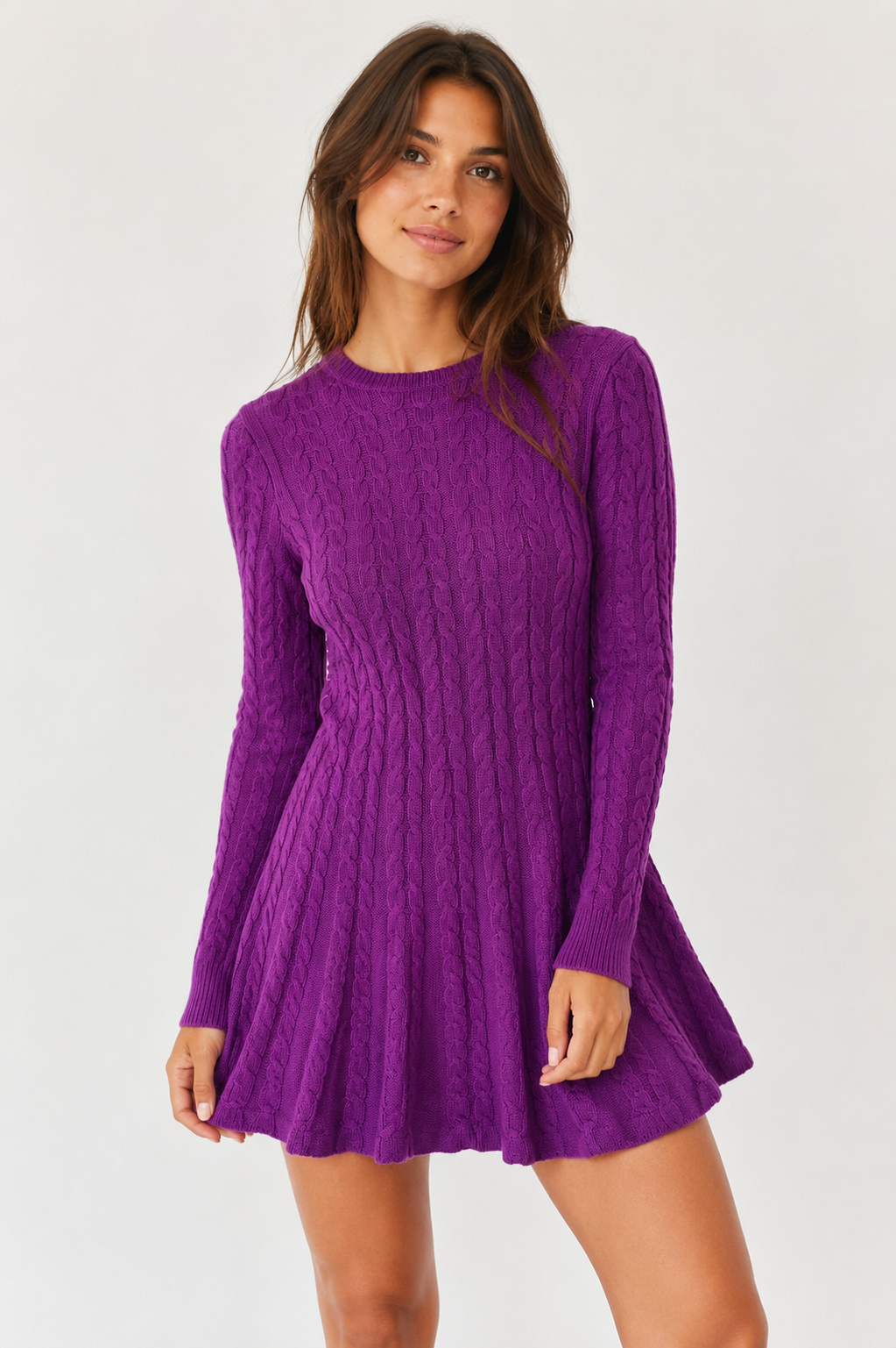 Purple Cable Knit Fit & Flare Sweater Dress