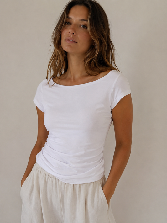 White Ruched Cap Sleeve Top