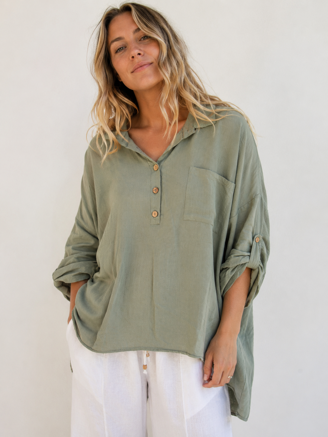 Caroline Morgan Sage Green Oversized Hi-Low Shirt