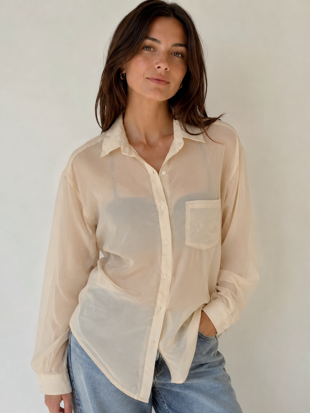 Alice in the Eve Cream Sheer Button-Up Shirt