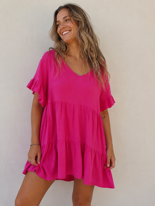 Hot Pink Tiered Ruffle Mini Dress – Size 14