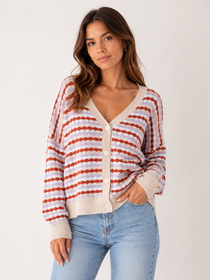 Avella Cream Multicolour Striped Knit Cardigan