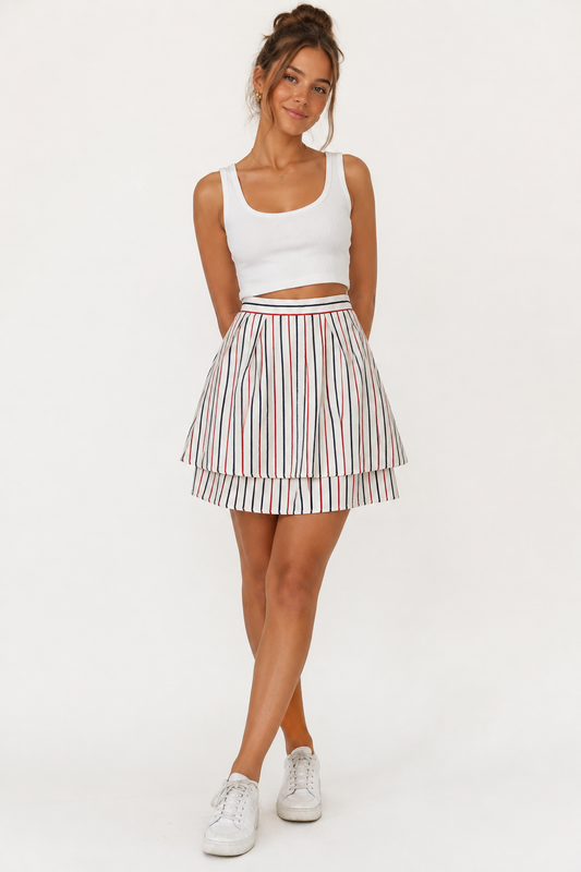 Piper White Red and Navy Striped Layered Skirt