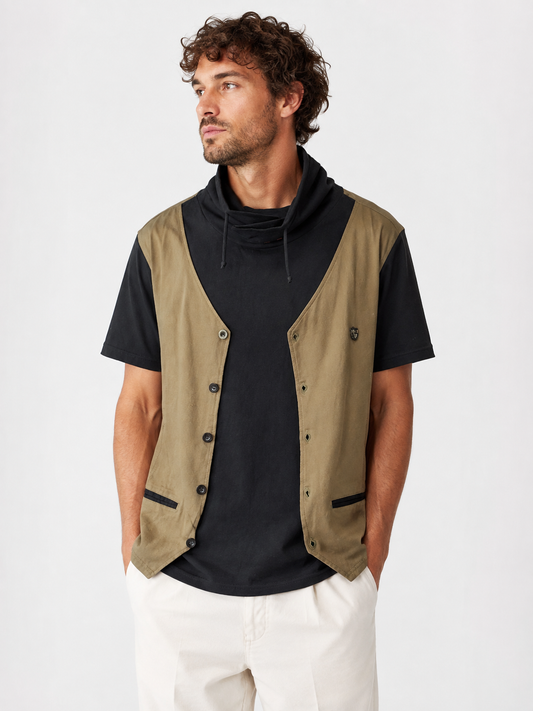 Shengbangdi Khaki & Black Layered Short Sleeve Top