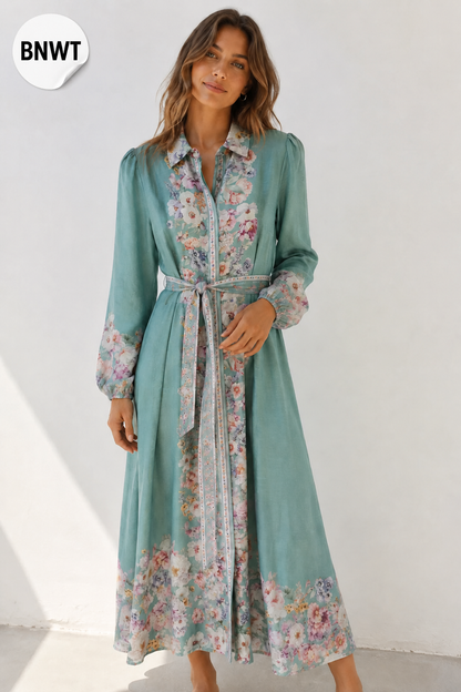 Portmans Turquoise Floral Belted Maxi Shirt Dress
