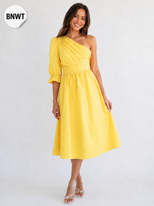 Lavish Alice Yellow One Shoulder Puff Midi Dress