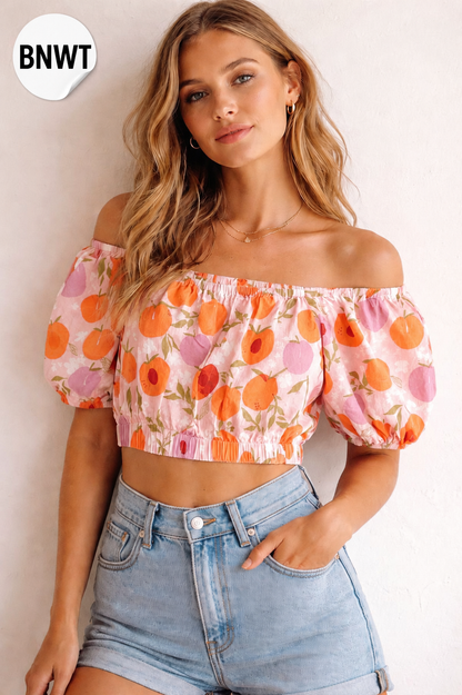 Peaches & Plums Bardot Puff Sleeve Crop Tee