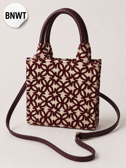 H&M Burgundy Floral Embroidered Mini Tote Bag