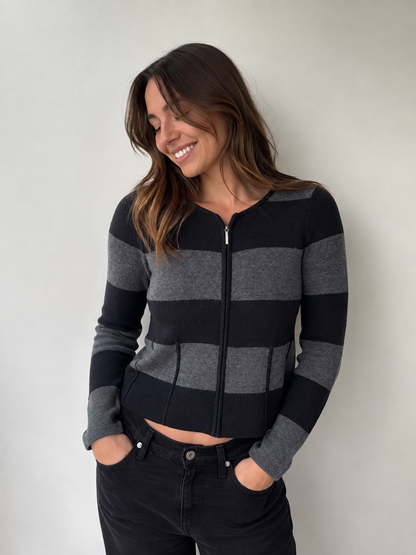 Black & Grey Striped Zip-Up Knit Cardigan