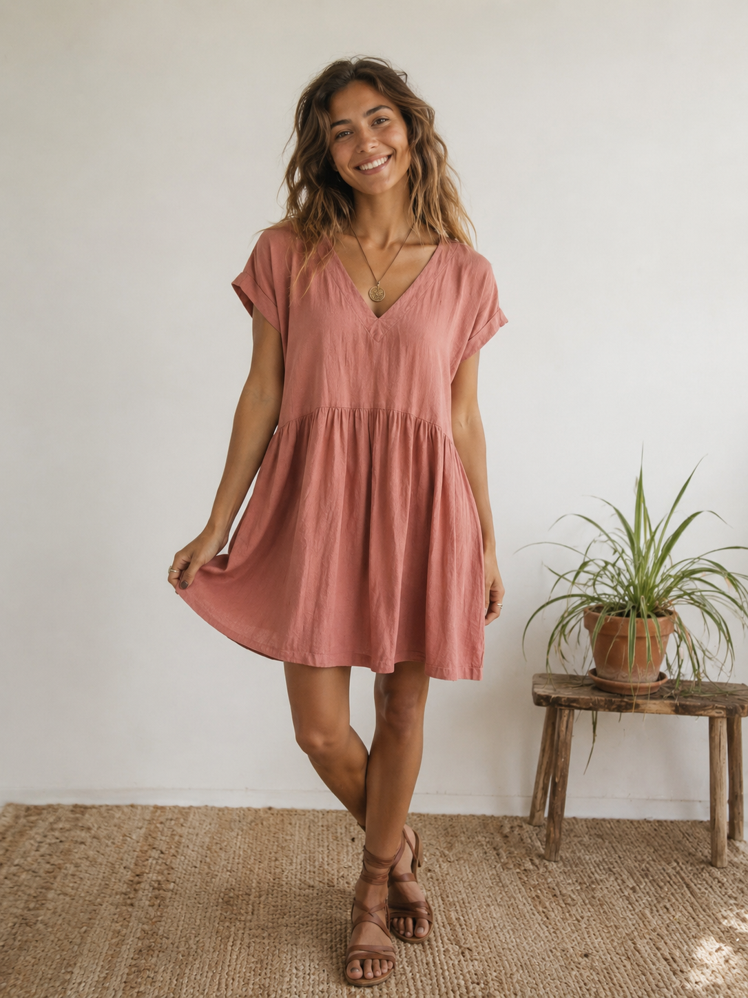 Dusty Rose V-Neck Babydoll Mini Dress