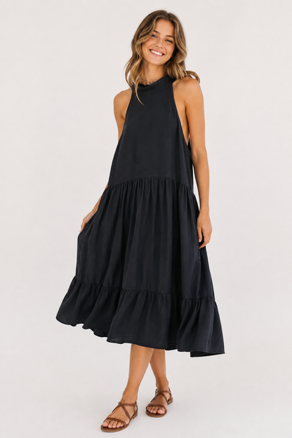 Black Sleeveless Tiered Midi Dress