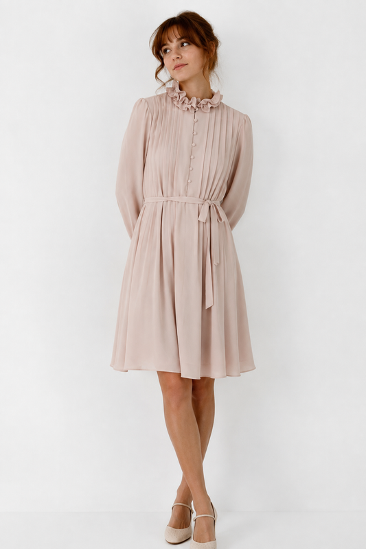 Pleated Ruffle Neck Midi Dress