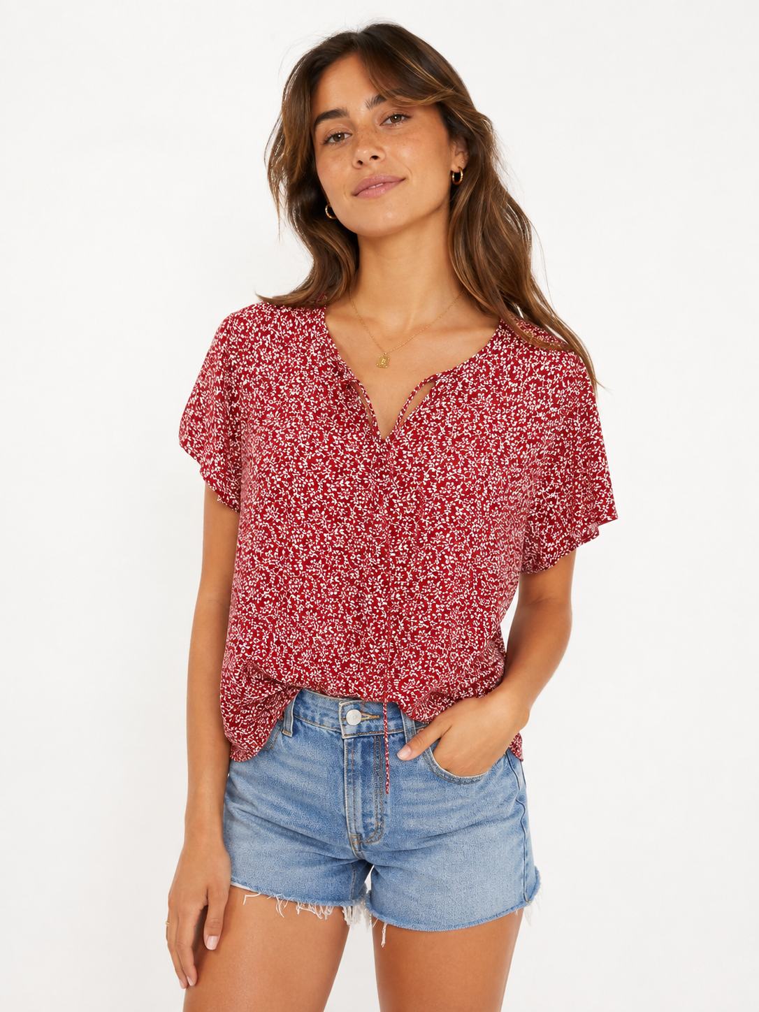 Red & White Speckle Print Short Sleeve Blouse