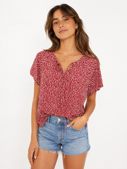 Red & White Speckle Print Short Sleeve Blouse