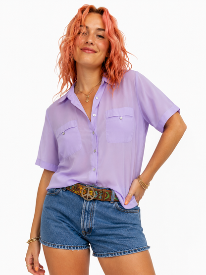Lilac short-sleeve button-up blouse