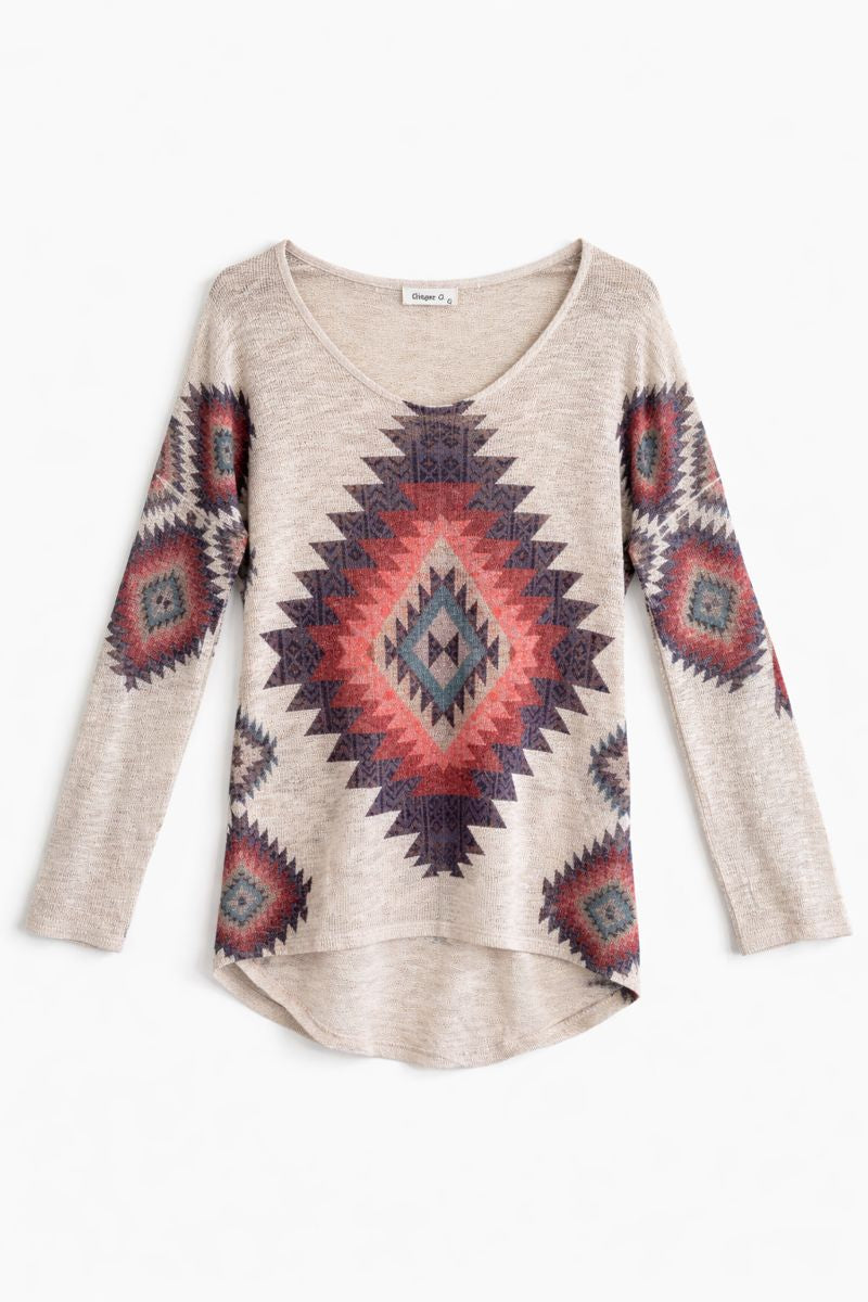Ginger G Aztec Print Semi Sheer Light Weight Sweater