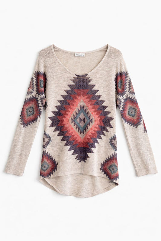 Ginger G Aztec Print Semi Sheer Light Weight Sweater
