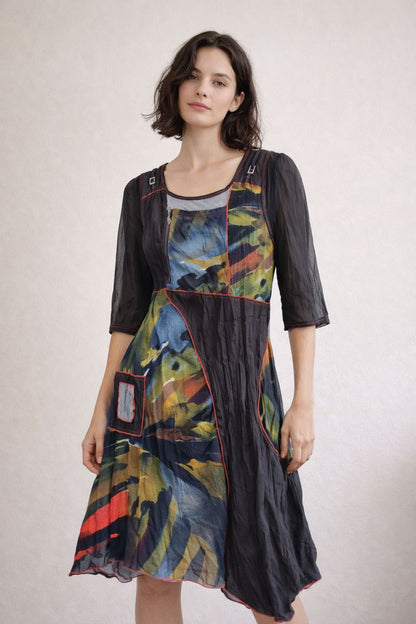 Funky Asymetrical Patchwork Sheer Sleeve Dress