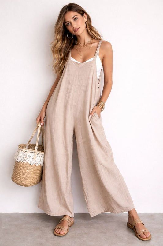 Tree Of Life - Beige Dungarees One- Piece With Pockets!