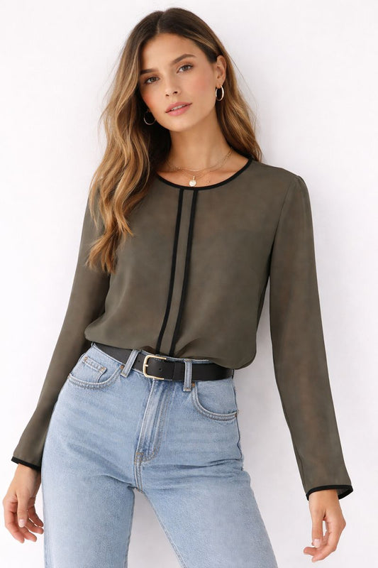 Long Sleeve Semi Sheer Shein Blouse with Black Lining