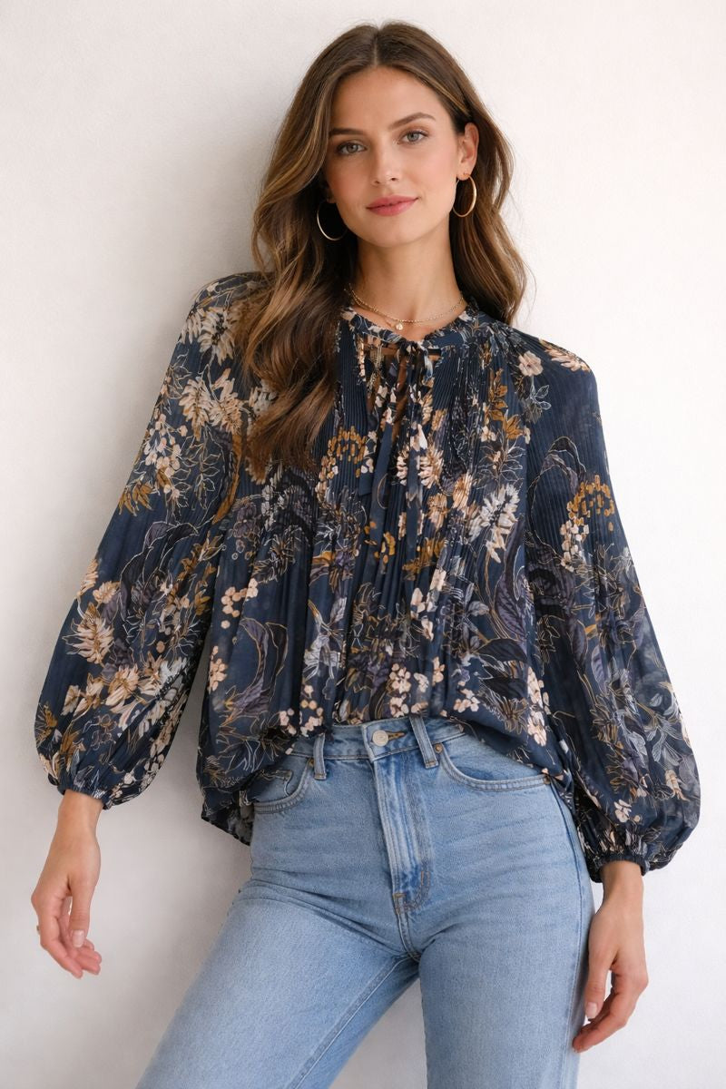 Witchery Pleated Blue Print Long Sleeve Sheer Blouse