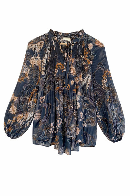 Witchery Pleated Blue Print Long Sleeve Sheer Blouse