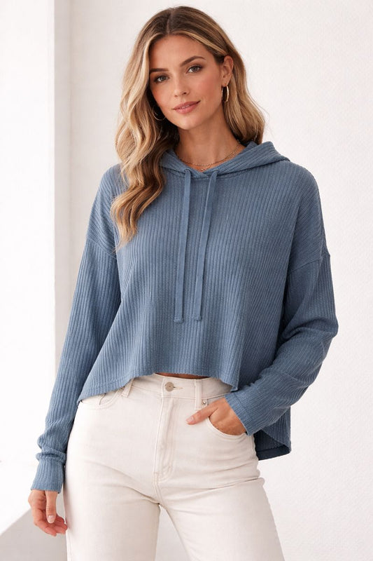 Ribbed Dusty Teal Hooded Sweater